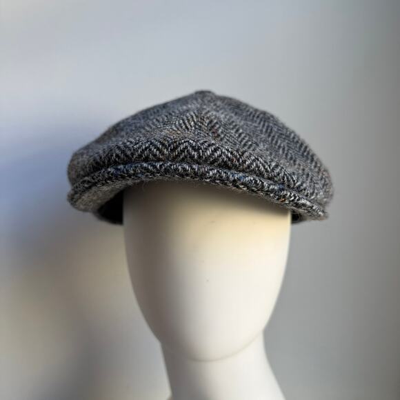 Harris Tweed Herringbone Newsboy Cap – Bates 1898 US 7 1/2 Wool Hat Gray Black - Picture 3 of 11